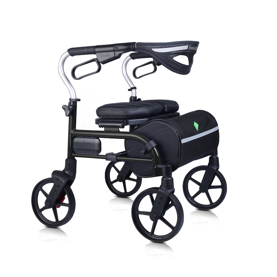 The Evolution Trillium Ultralight Folding Rollator in black and silver features a padded seat, backrest, large wheels, and an underseat storage bag—offering lightweight comfort and easy mobility.
